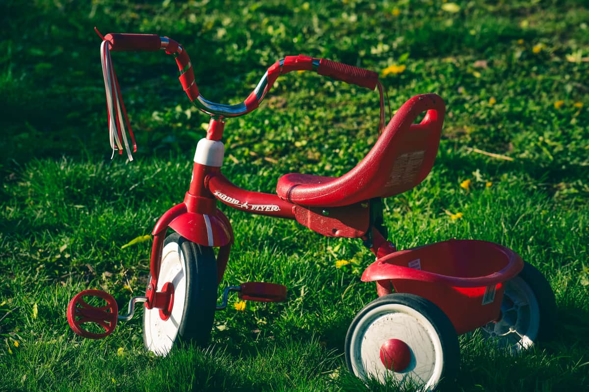 A child's bike parked on grass